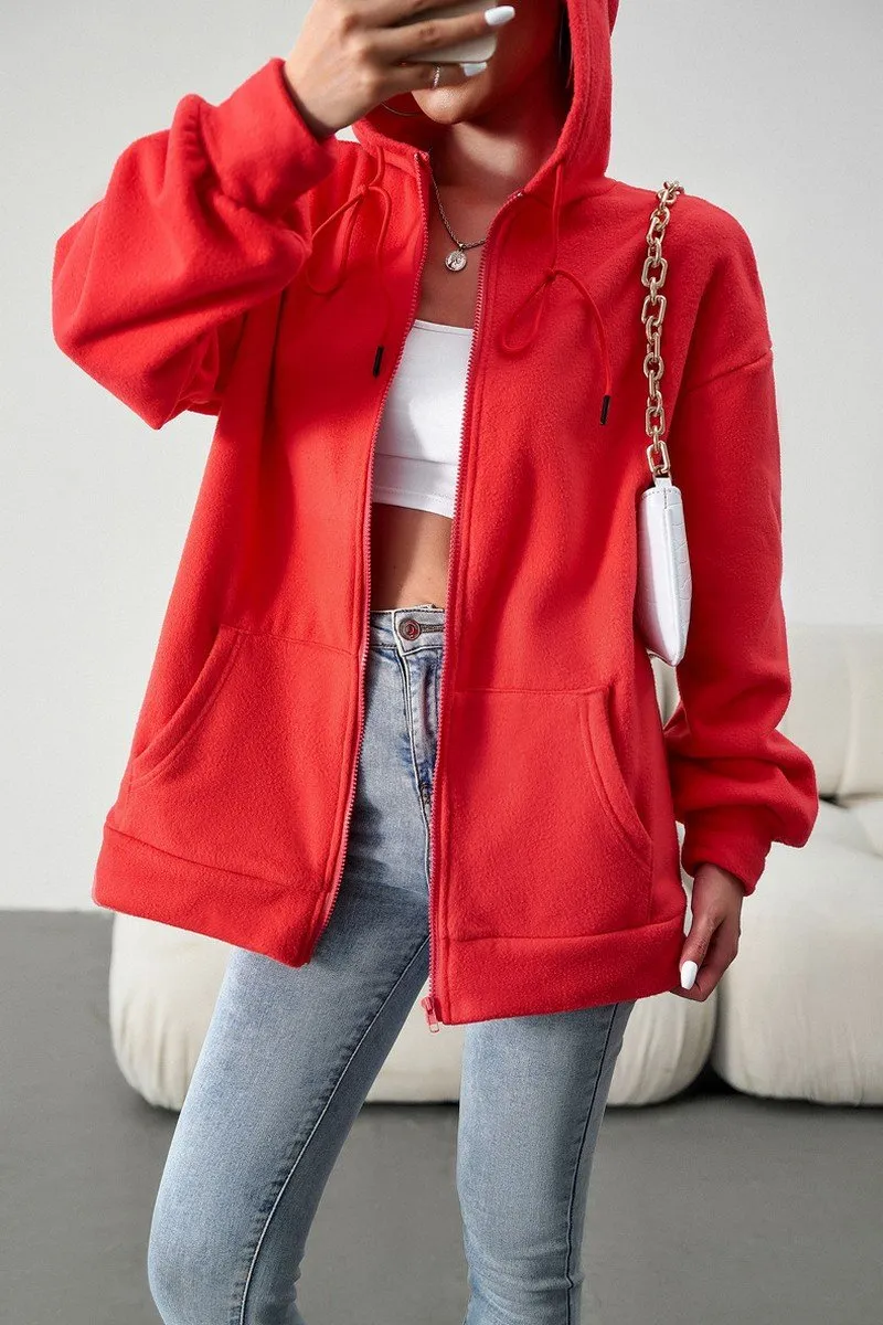 Soft Interior Coating WOMEN OVERSIZED LOOSE FIT ZIP UP HOODIE JACKET