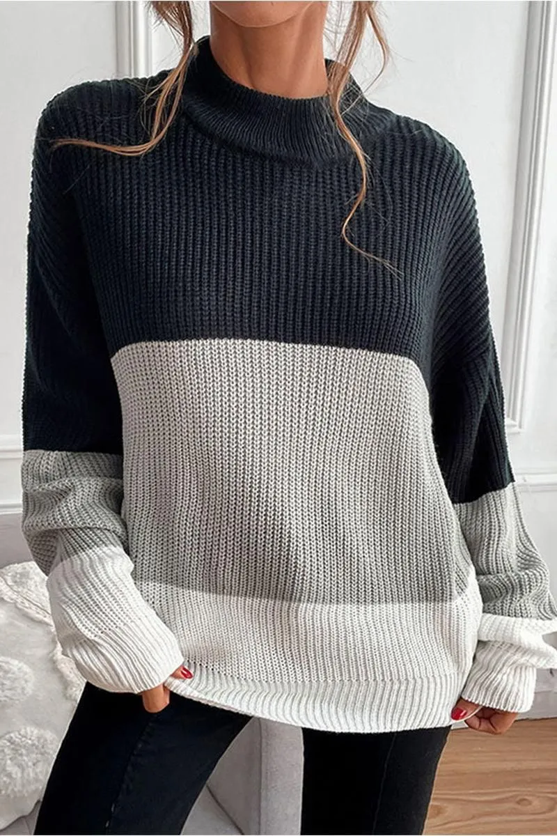 COLOR BLOCK LOOSE FIT CASUAL SWEATER TOP YarnDyeStripe