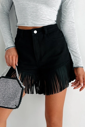 Stay Stylish Here For A Good Time High Waist Fringed Shorts (Black Denim)