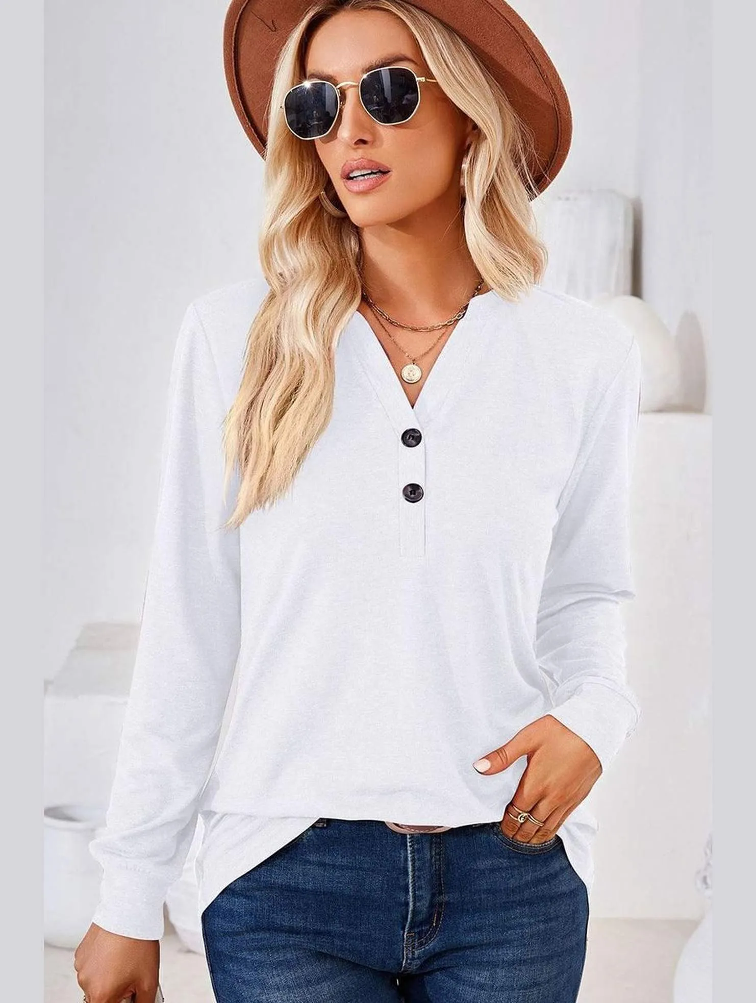 Casual layering piece WOMEN BUTTONED V NECK RIB SLEEVE CASUAL TEE