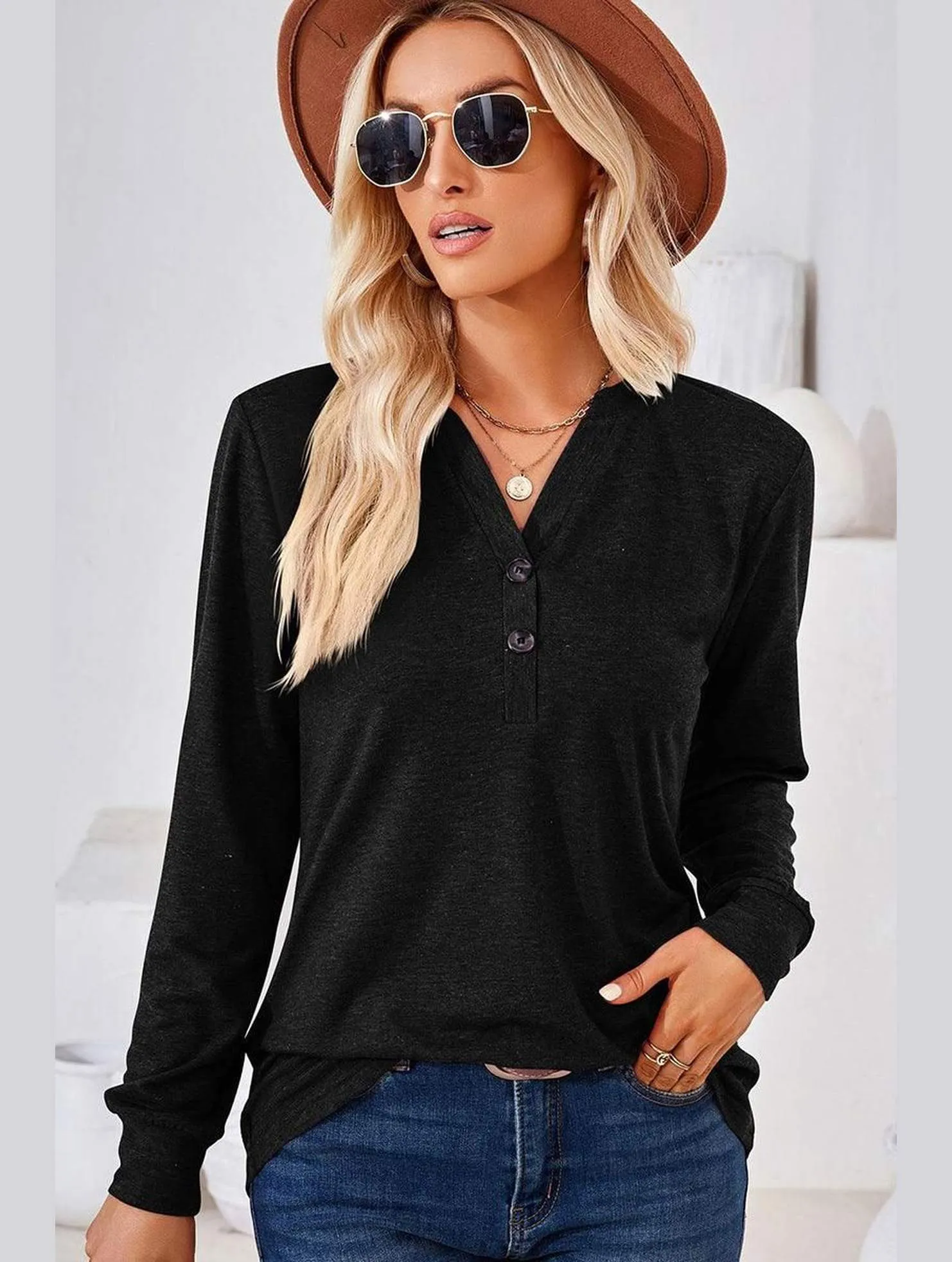 Lightweight Thermal WOMEN BUTTONED V NECK RIB SLEEVE CASUAL TEE