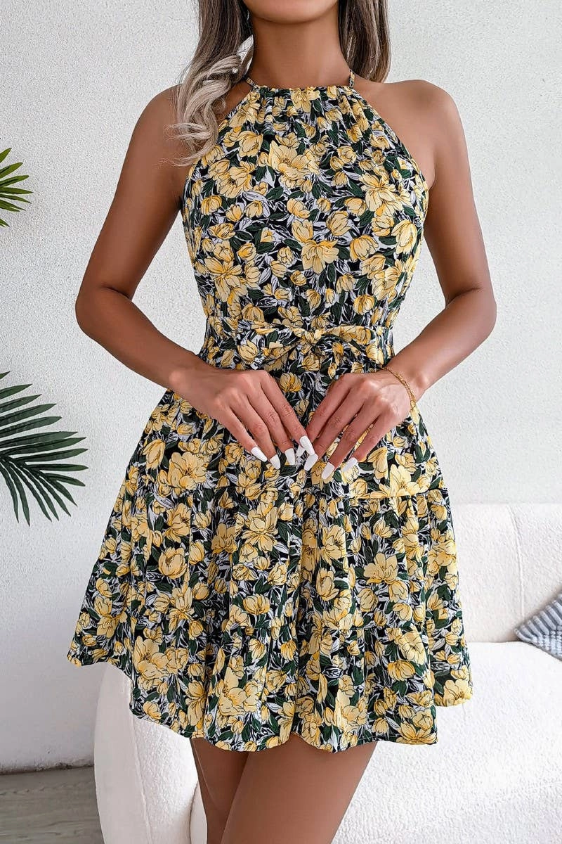 Feminine empire waist dress Relaxed Design CASUAL FLOUNCY LARGE FLORAL DRESS_CWDSD2531