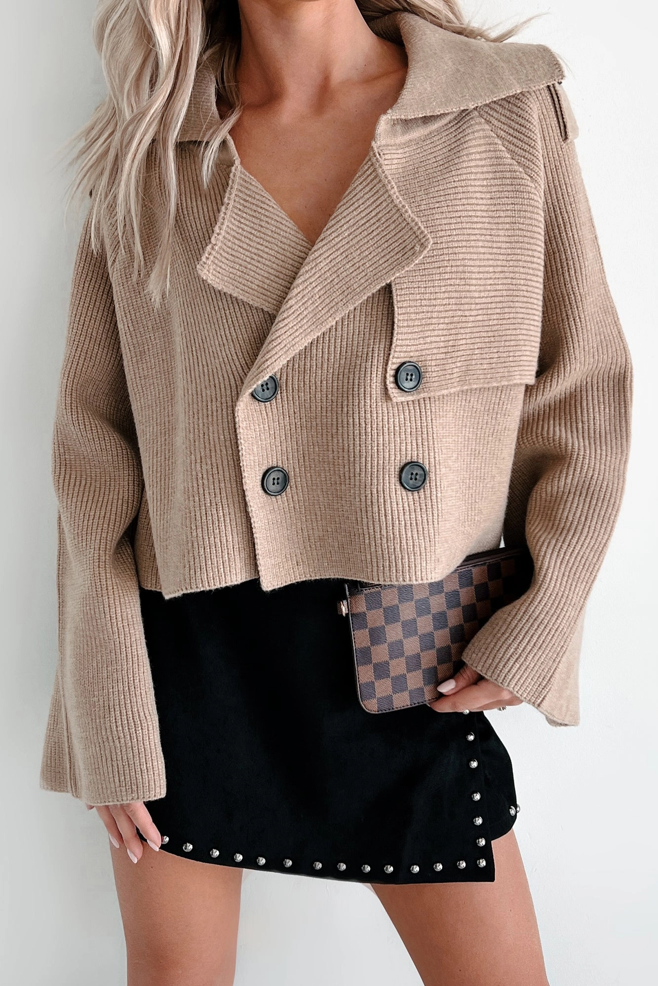 Eco Friendly Regular Fit Expressing My Opinion Sweater Knit Crop Trench Jacket (Taupe)