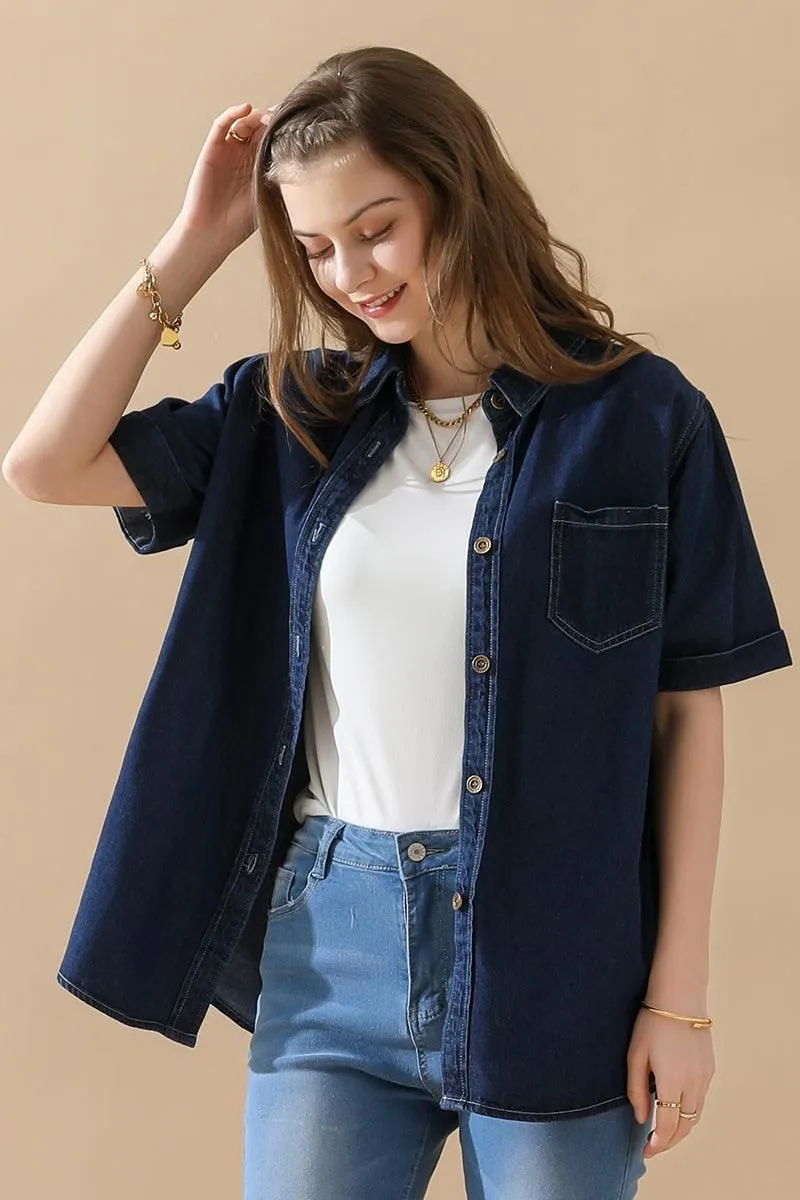 AntiPilling Surface DENIM ROLL UP SHORT SLEEVES ONE POCKET SHIRTS