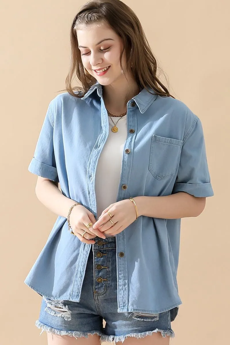 DENIM ROLL UP SHORT SLEEVES ONE POCKET SHIRTS Sun Protection