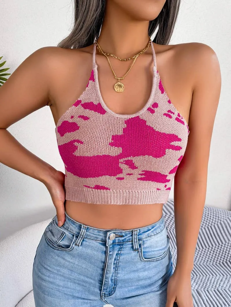 QuickRelease Closure COW PRINT WAIST HALTER CROP KNIT TOP_CWTHT0028