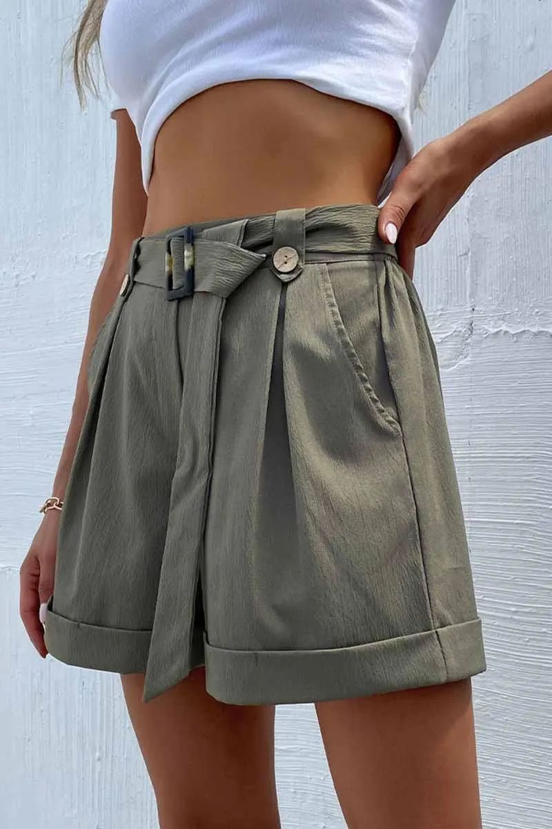 All Purpose Wear Button front HIGH WAIST BELTED POCKET SHORT PANTS