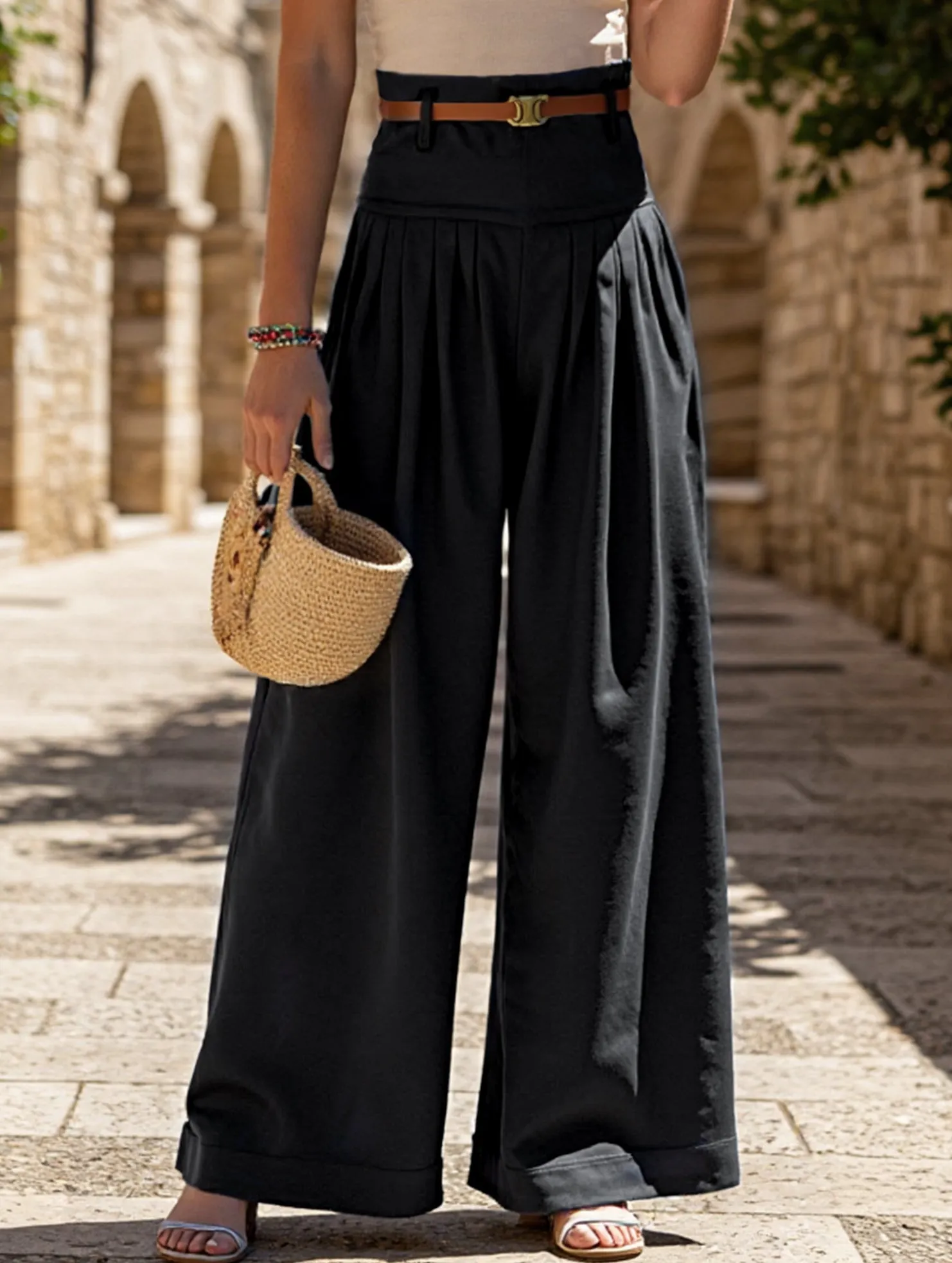 Simple and Cozy All Day Wear Comfort High-Waisted Wide-Leg Pants ??Solid Color, Casual & Chic, S???XL