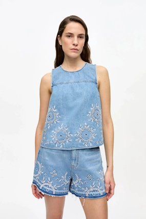 Light Blue Broderie Anglaise Denim Top Self Cleaning Coating