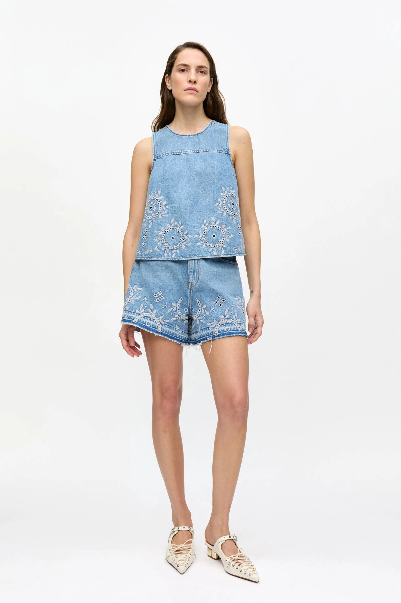 Resilient Elasticity Light Blue Broderie Anglaise Denim Top