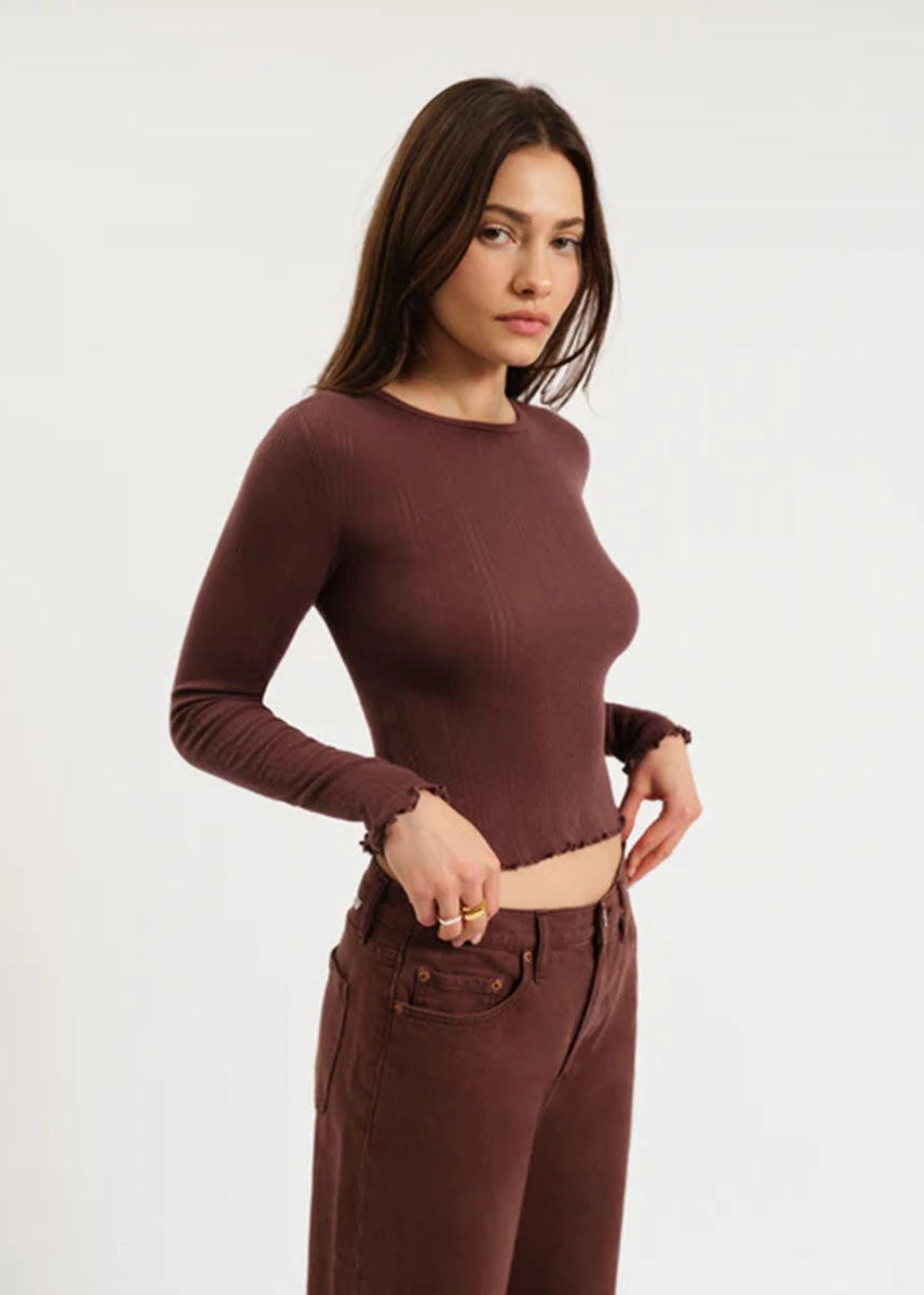 Waverly Everyday L/S Pointelle Crewneck Tee - French Roast Flexible Shoulder Gusset Reflective Trims