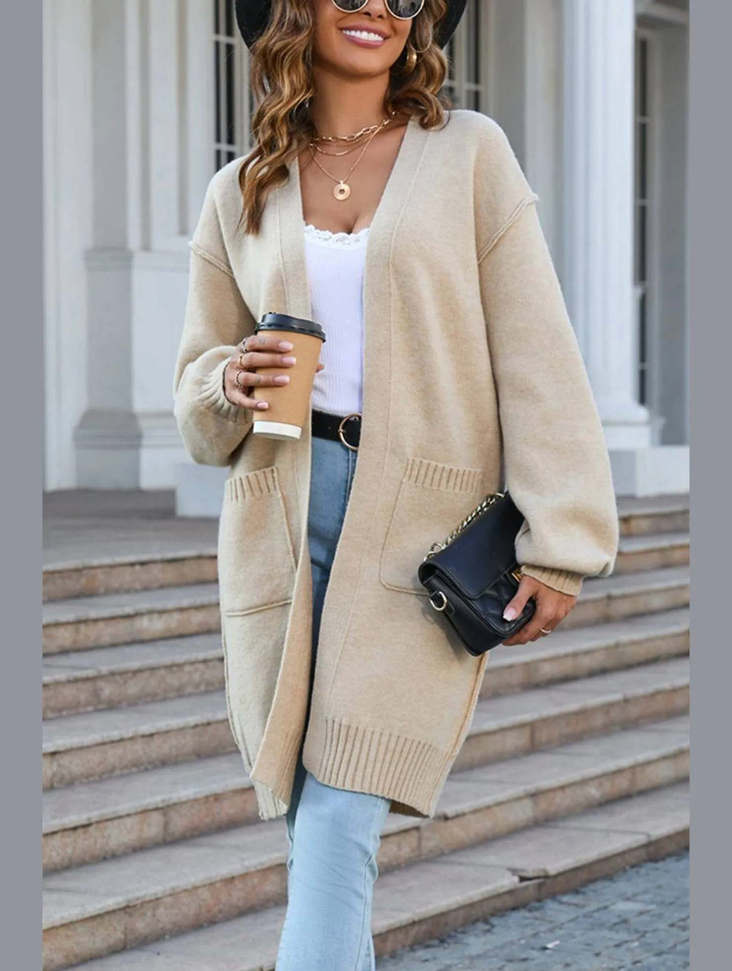 Rain Safe Stretchable Panels Women??s Ribbed Open Front Cardigan with Pockets | Casual Knitwear