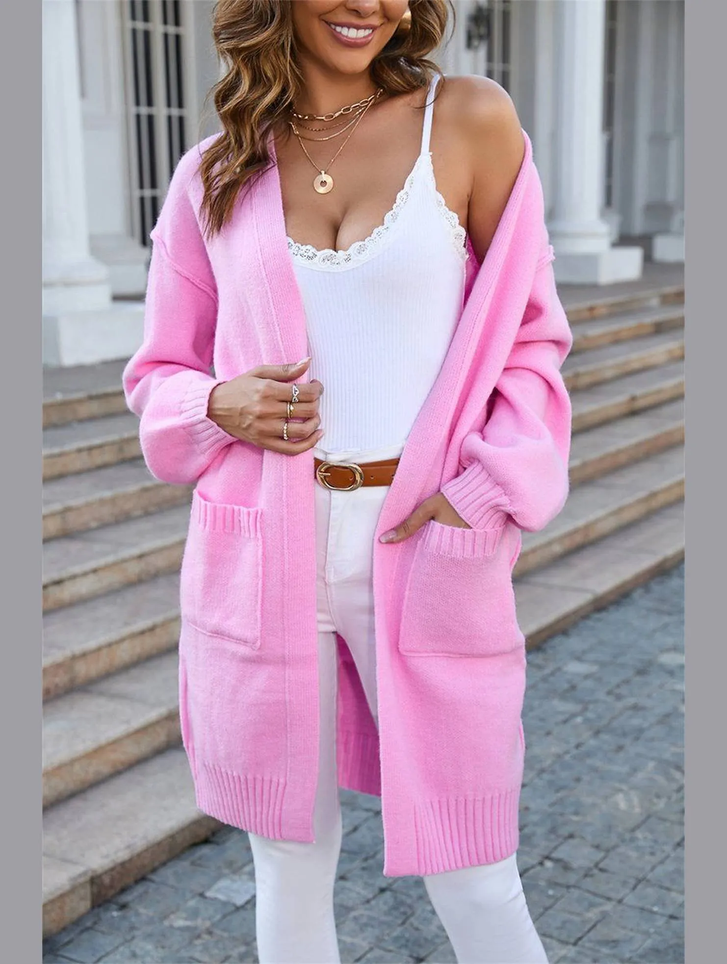 Heat Retention Layer elastic waistband Women??s Ribbed Open Front Cardigan with Pockets | Casual Knitwear