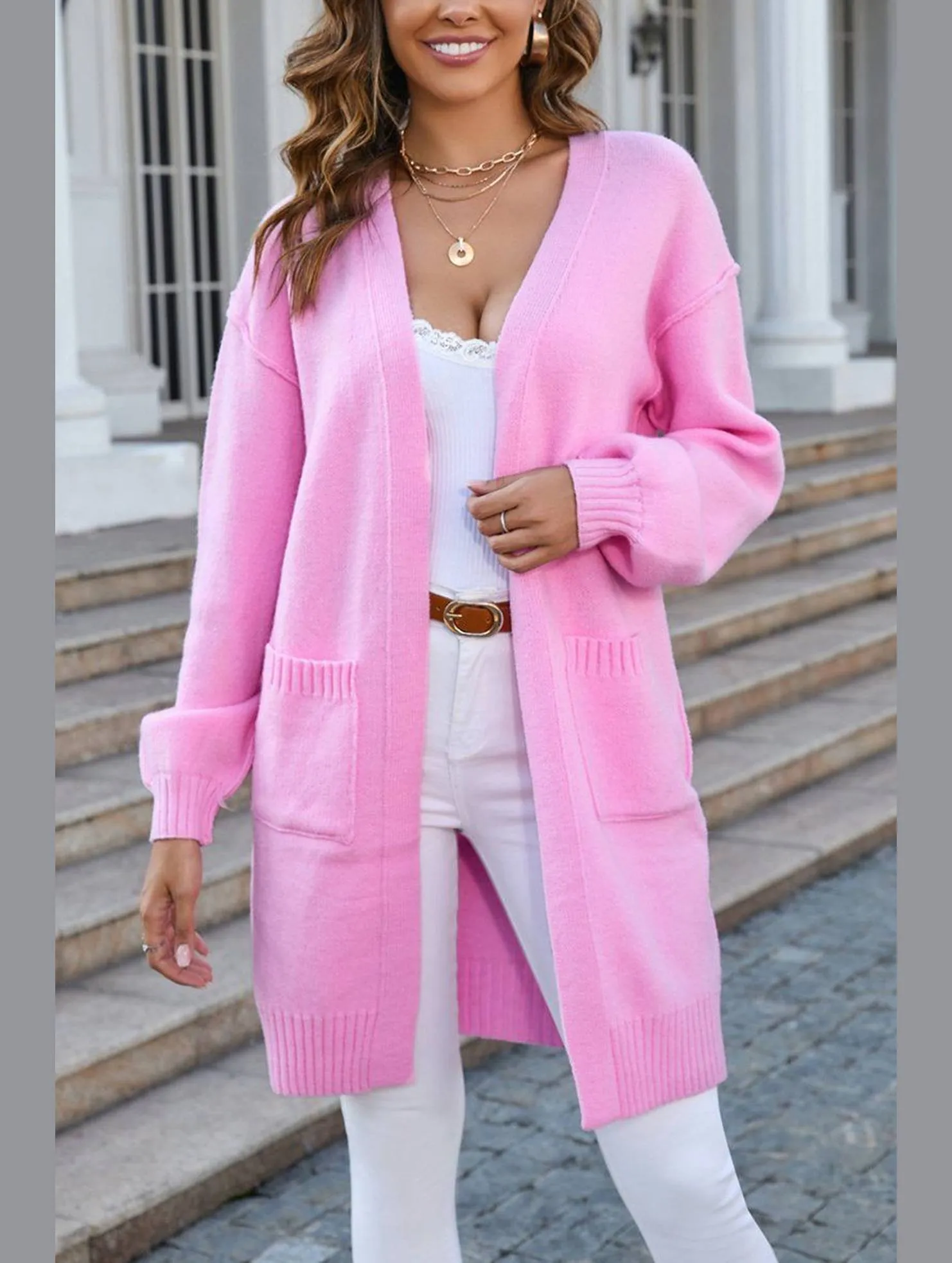 Women??s Ribbed Open Front Cardigan with Pockets | Casual Knitwear Casual Fit