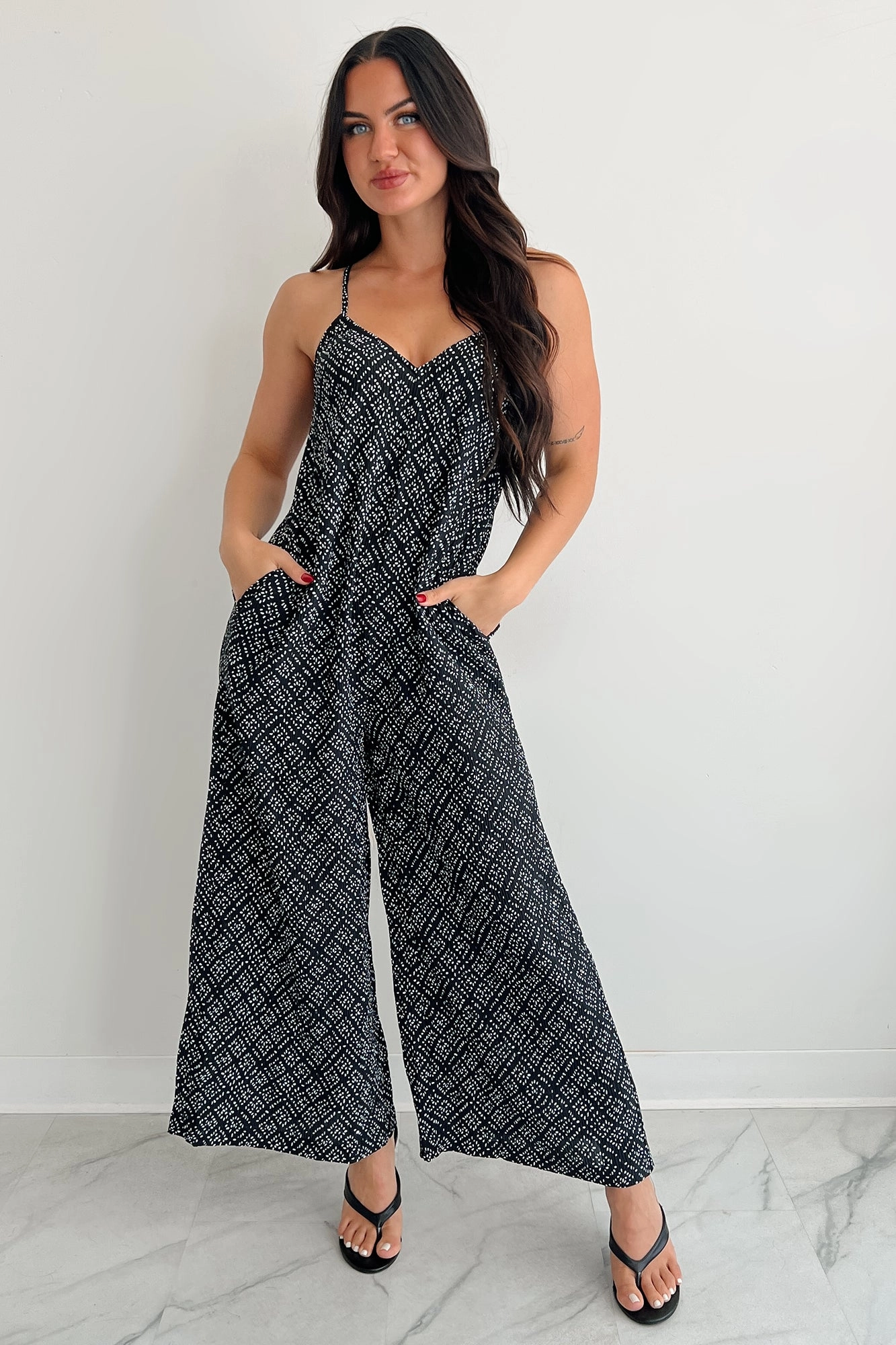 Classic Vivid Homebody Heaven Pleated Wide Leg Jumpsuit (Black Dotted)