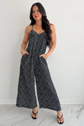 Fine Beach Homebody Heaven Pleated Wide Leg Jumpsuit (Black Dotted)
