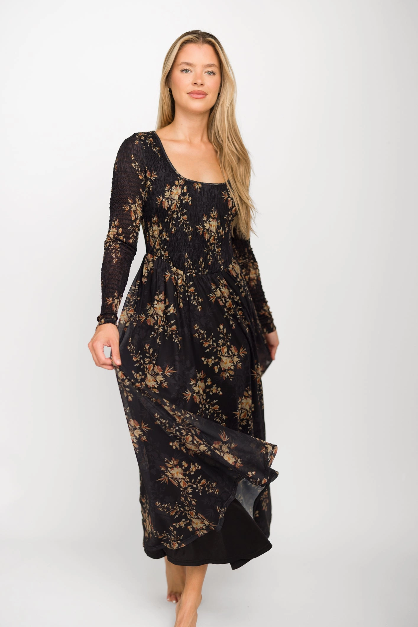 Edge Shape Honor Floral Smocked Woven Maxi Dress in Black - Bump Friendly