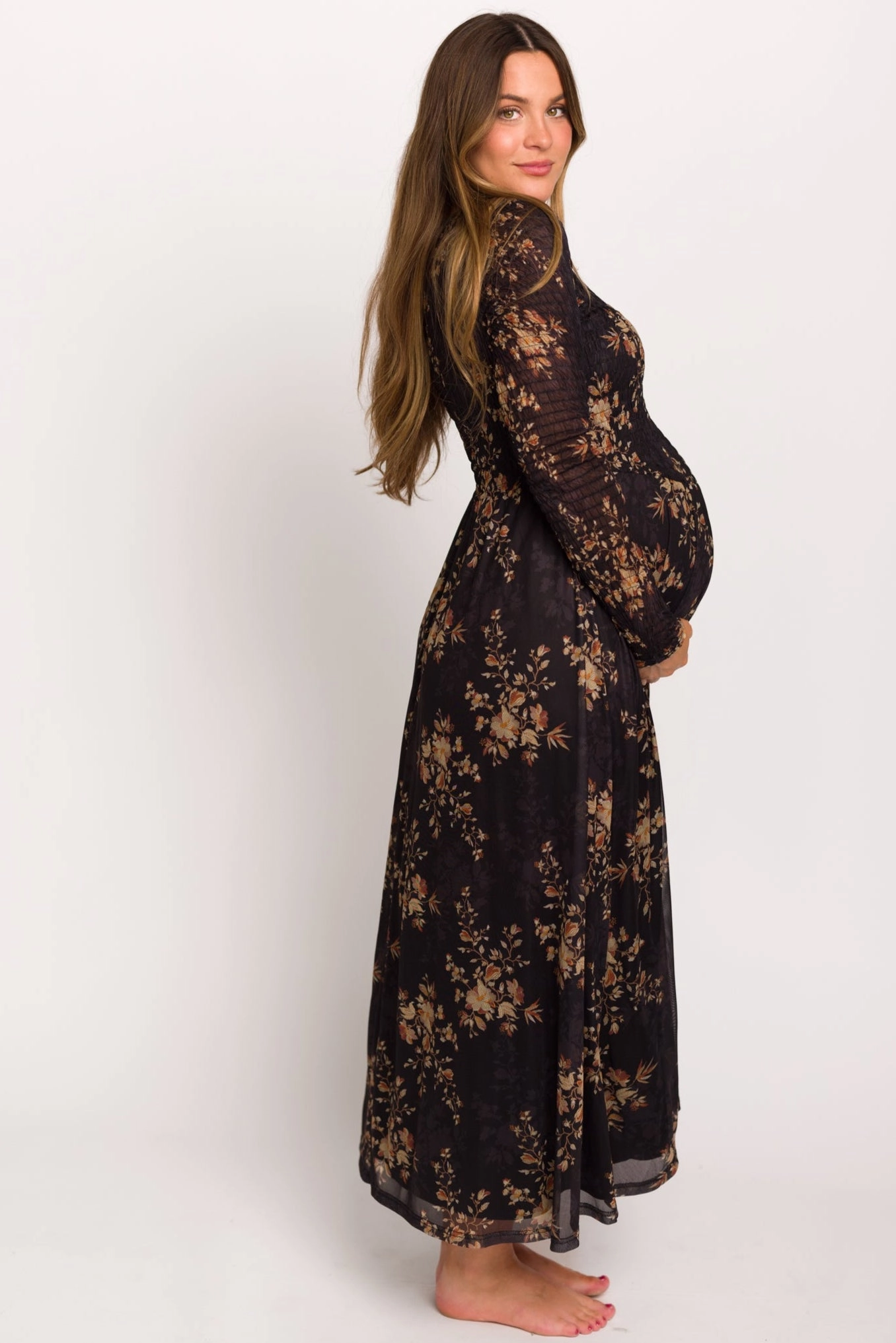 Soft Hue Moment Light Honor Floral Smocked Woven Maxi Dress in Black - Bump Friendly