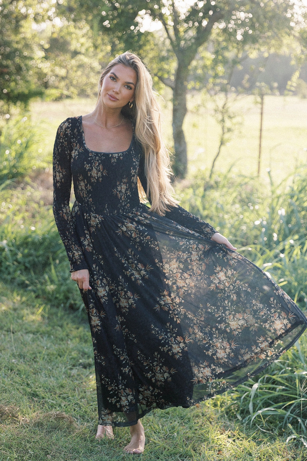 Minimal Mood Seasonal Layering Honor Floral Smocked Woven Maxi Dress in Black - Bump Friendly
