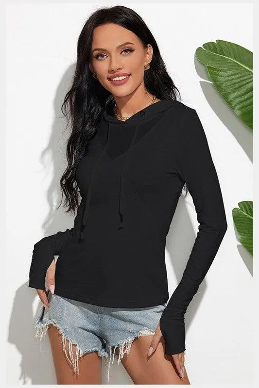 HOODED LONG SLEEVED SOLID COLOR T SHIRT Casual Blouse