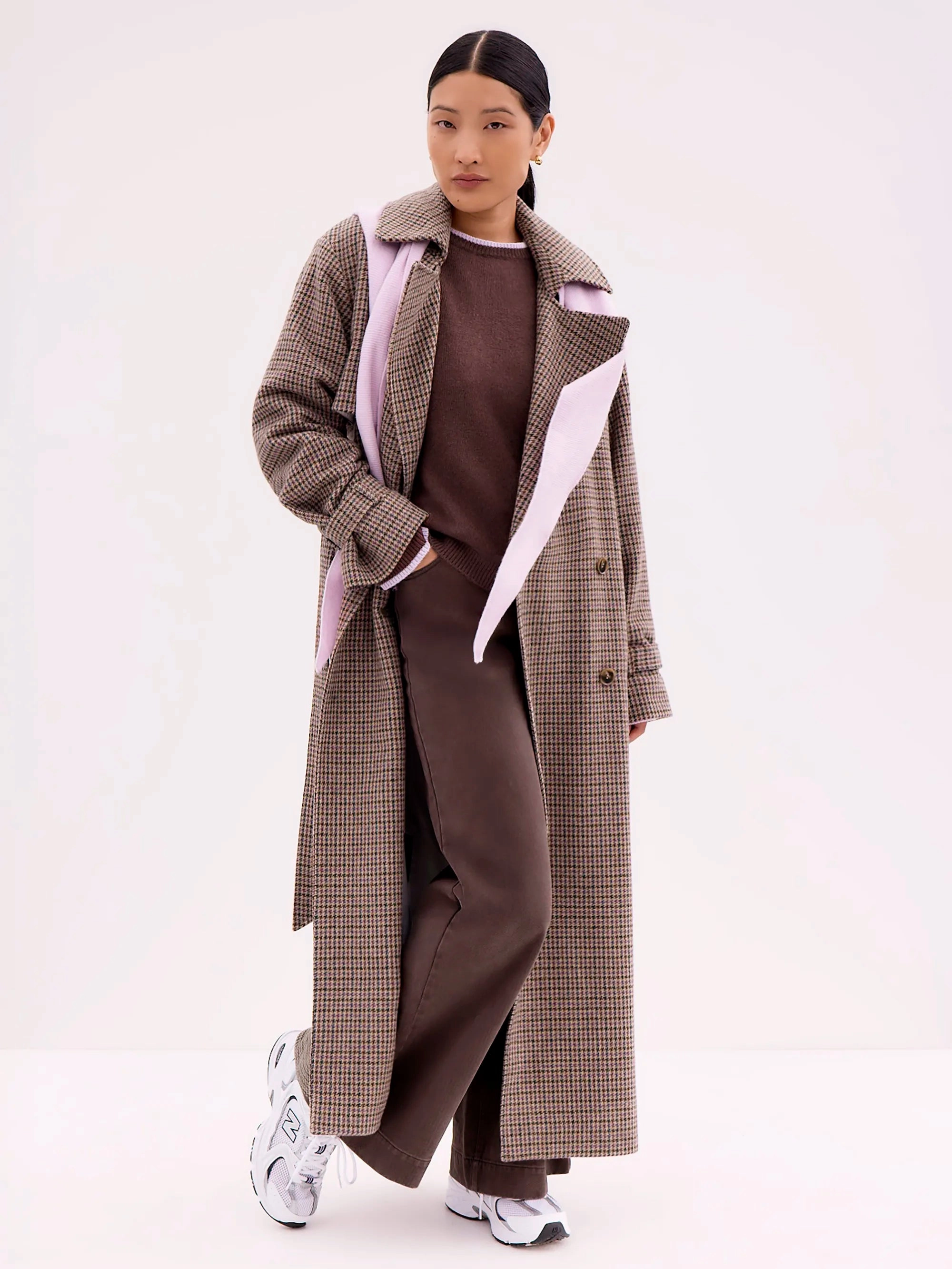 Adjustable Hem Cords Bonded Edge Finish Houndstooth Check Belted Wool-Blend Trench Coat