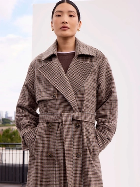 Reversible Layer Houndstooth Check Belted Wool-Blend Trench Coat