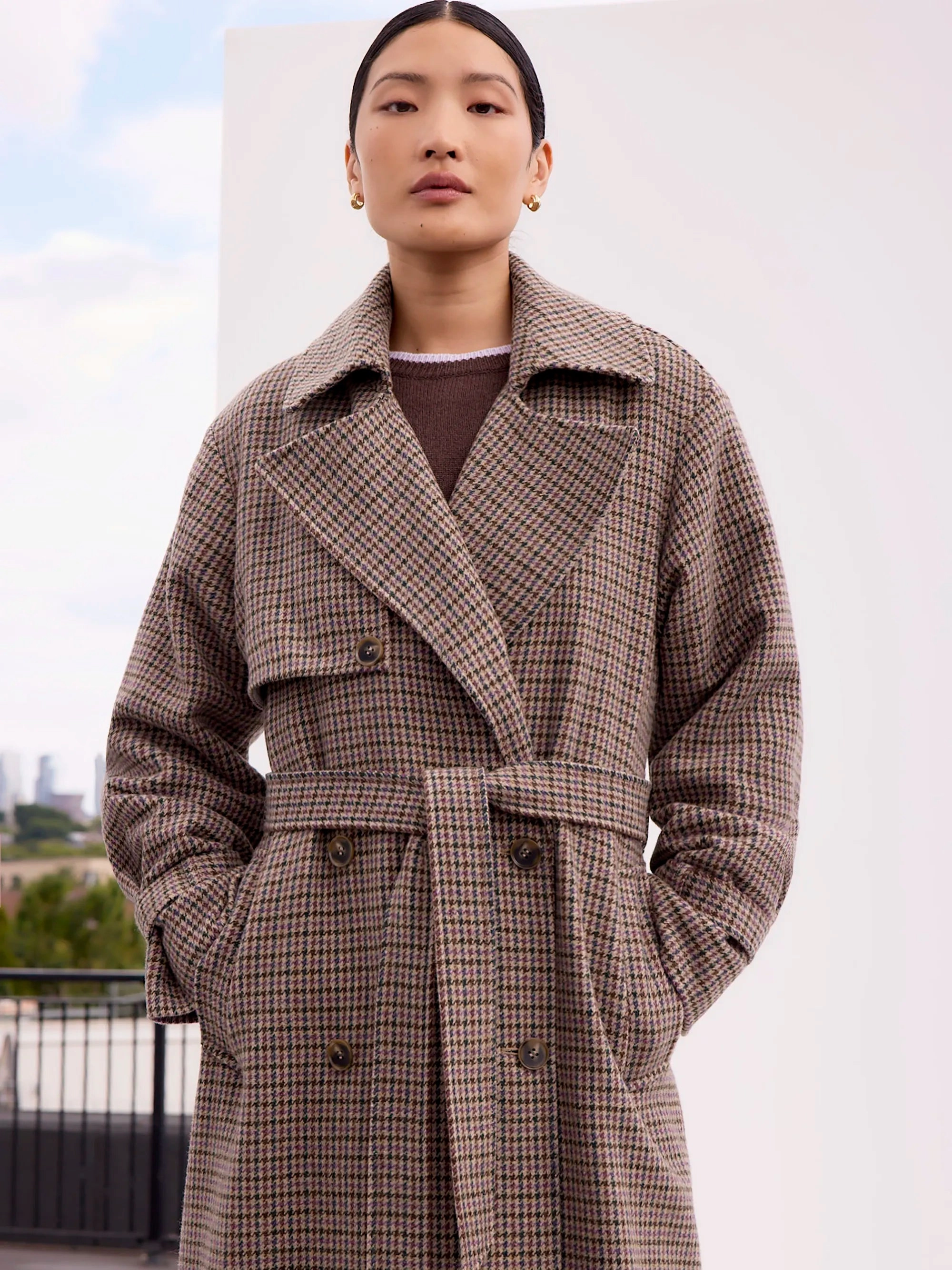 Anti Pill Technology Houndstooth Check Belted Wool-Blend Trench Coat