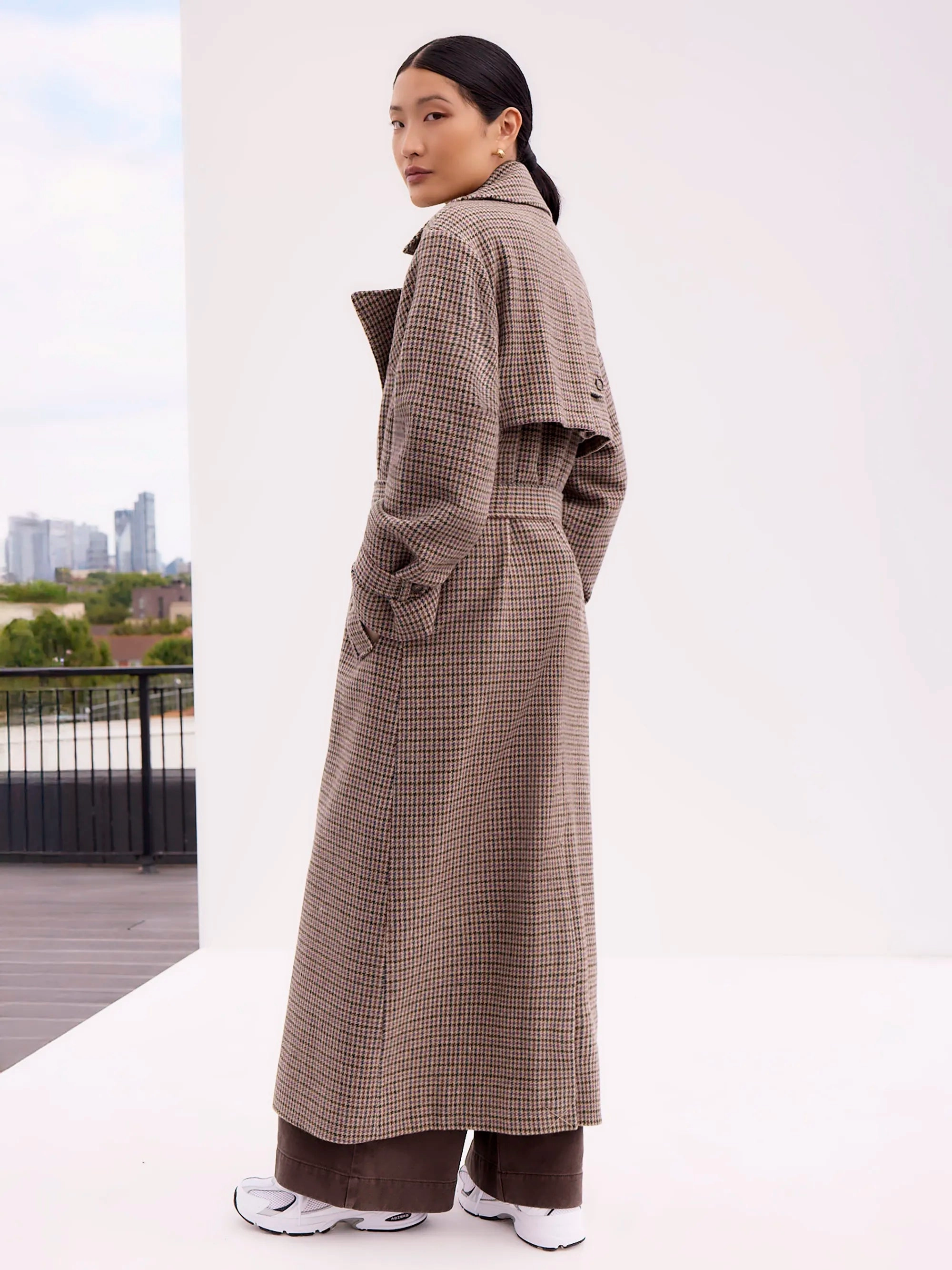 Flexible Fit Wear Clean Minimal Look Houndstooth Check Belted Wool-Blend Trench Coat