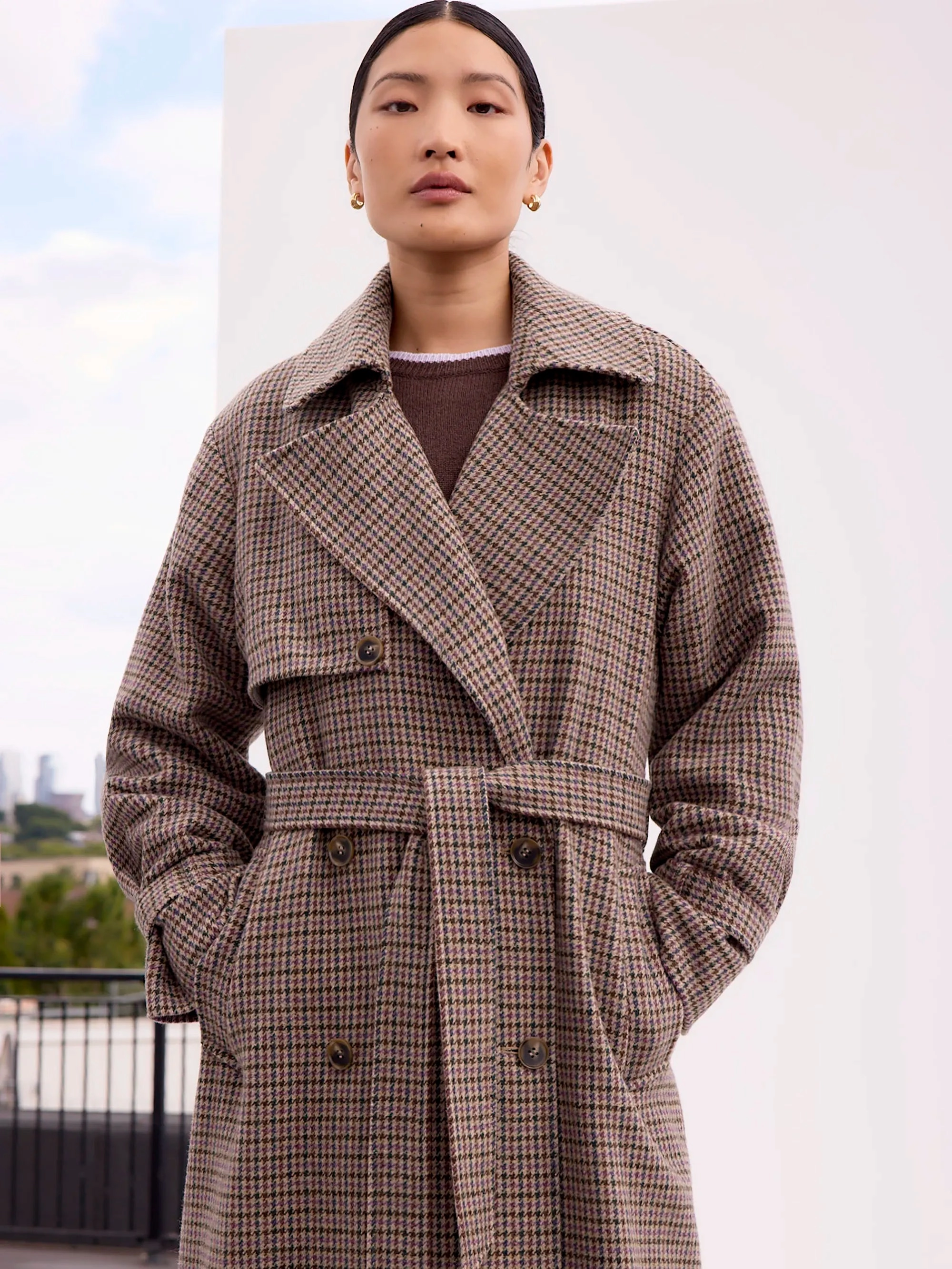 Houndstooth Check Belted Wool-Blend Trench Coat Warm Lining