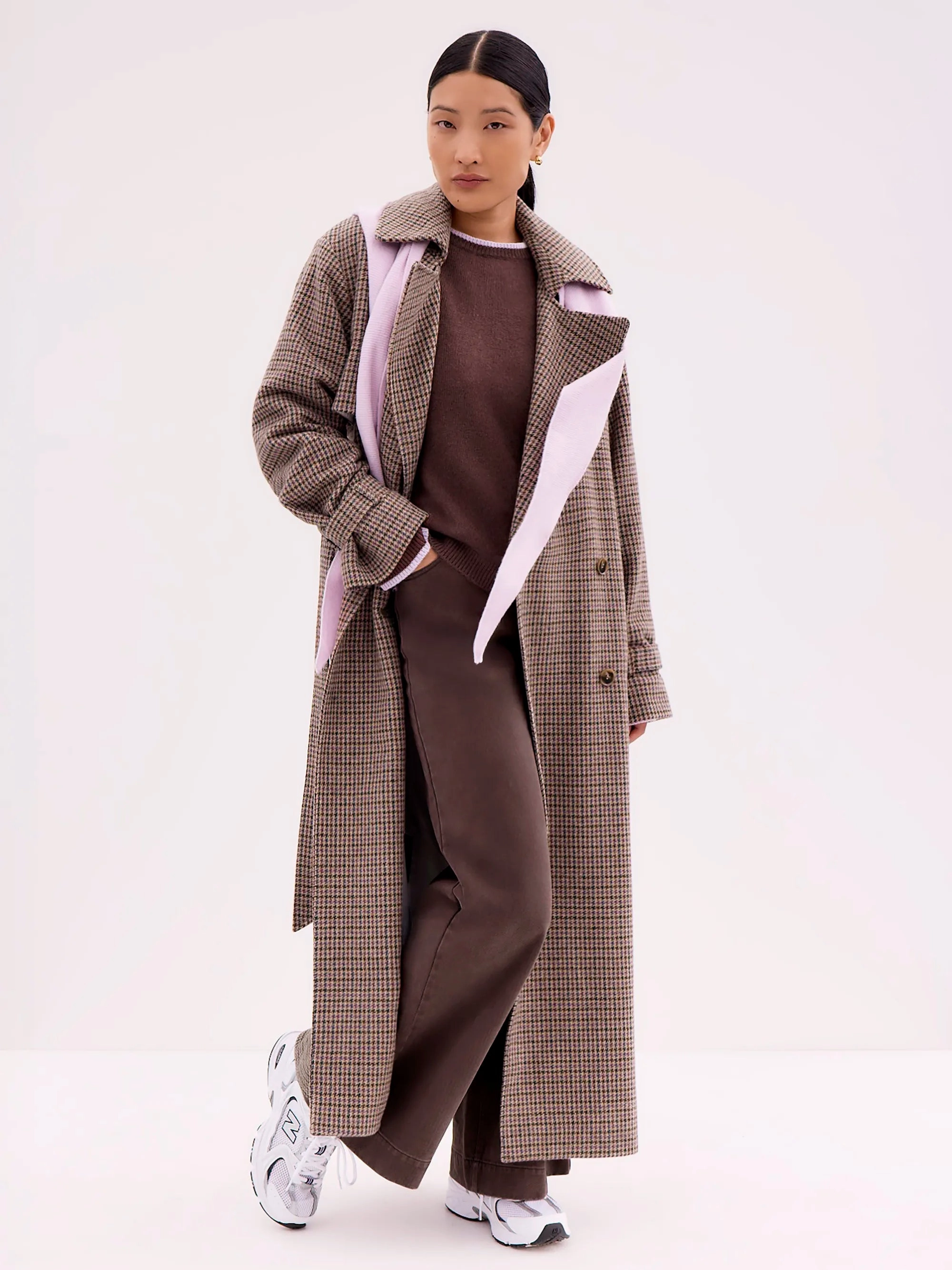 Houndstooth Check Belted Wool-Blend Trench Coat Regular Fit Cut