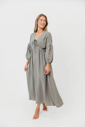 Comfortable Design Wear Hunter 100% Cotton Gauze Midi Dress in Dry Sage