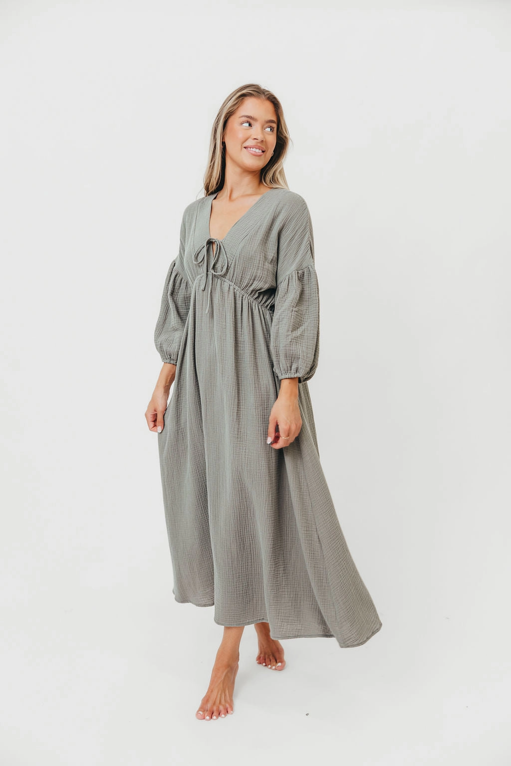 Comfortable Design Wear Hunter 100% Cotton Gauze Midi Dress in Dry Sage