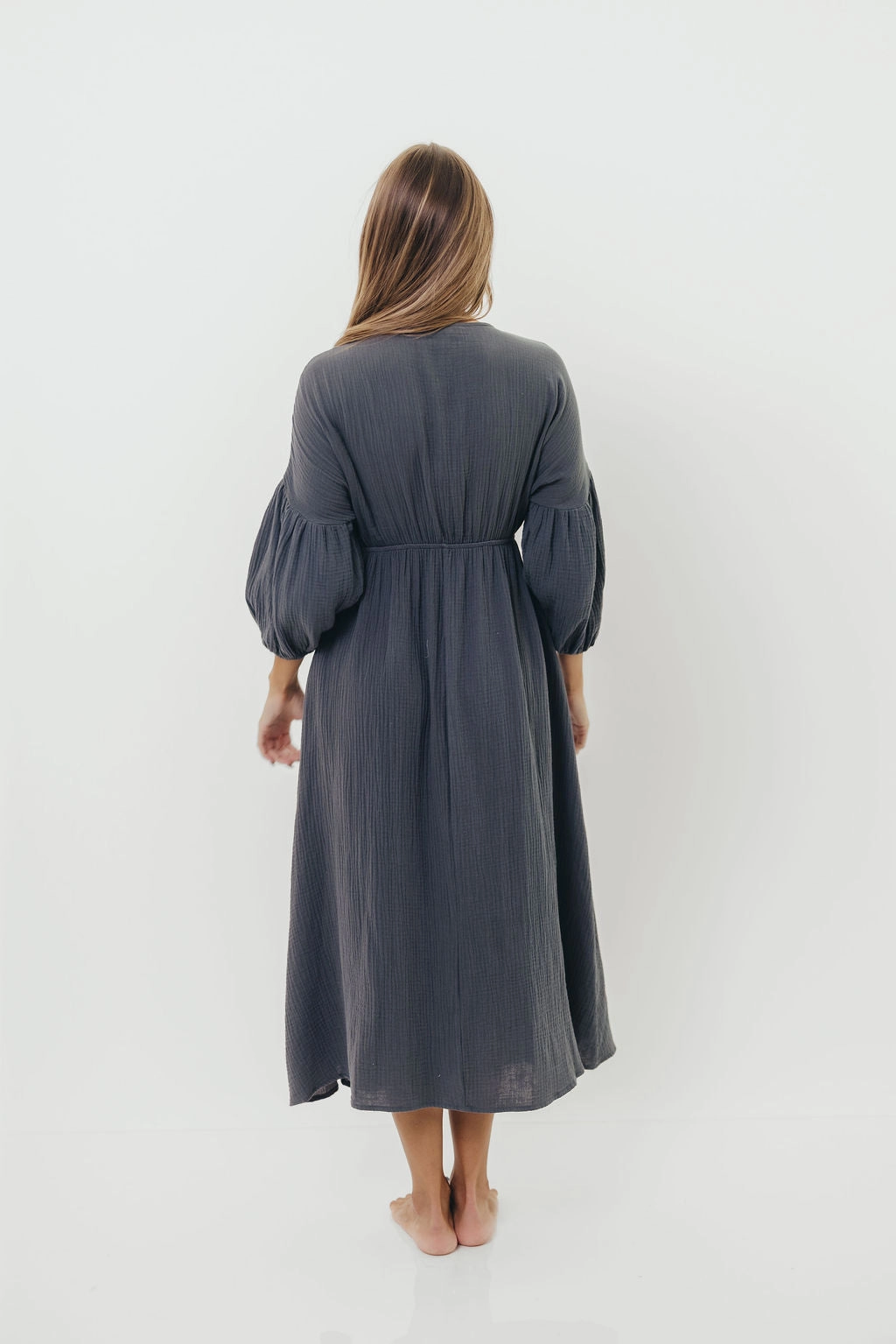 Detachable-Detail Hunter 100% Cotton Gauze Midi Dress in Dusty Navy - Bump Friendly *9/22 PRE-ORDER*