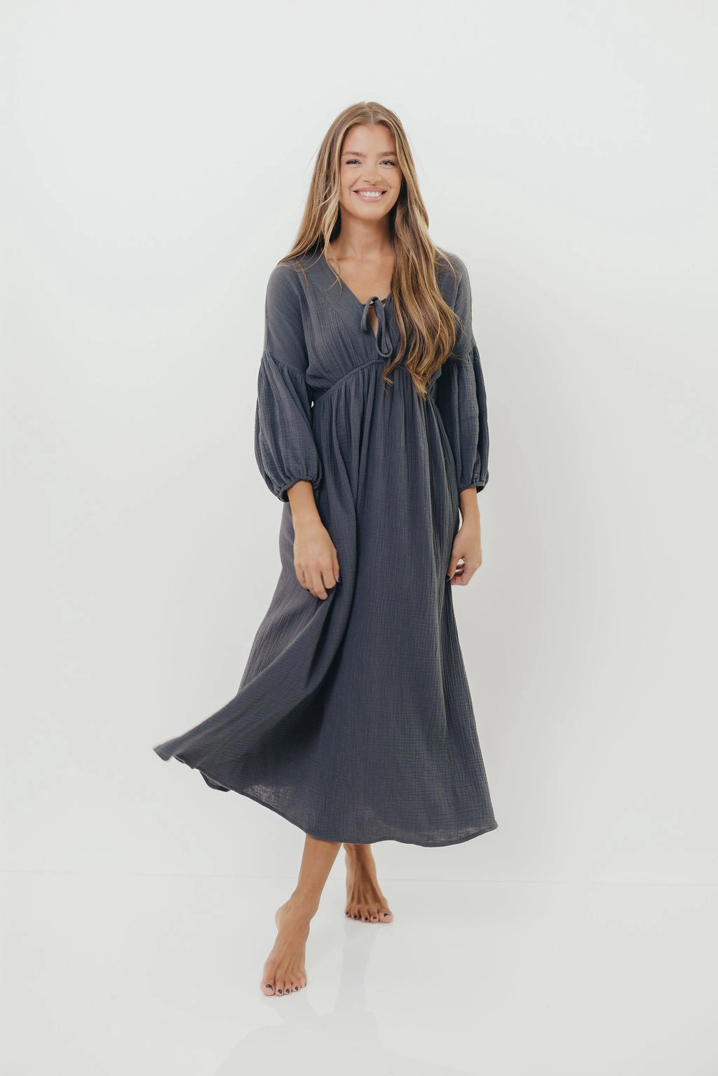 Hunter 100% Cotton Gauze Midi Dress in Dusty Navy - Bump Friendly *9/22 PRE-ORDER* Fresh Style Light Outfit