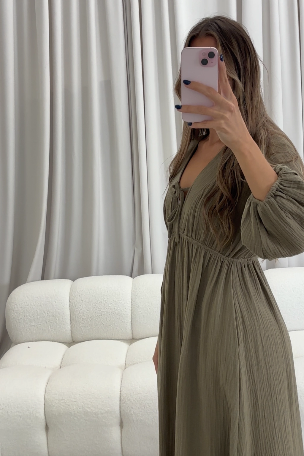 Clean Flow Comfortable texture Hunter 100% Cotton Gauze Midi Dress in Green - Bump Friendly *9/22 PRE-ORDER*