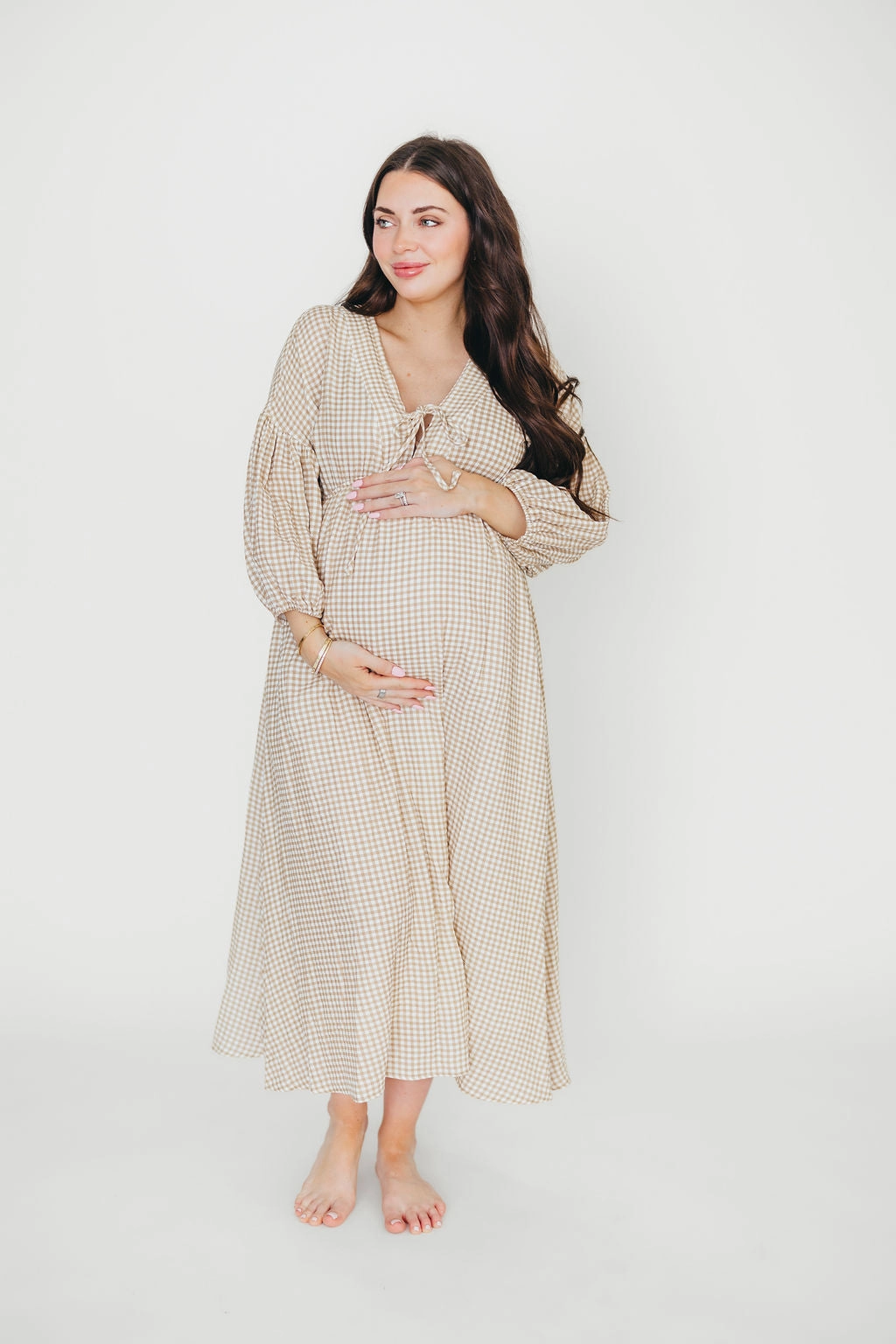 Party Safe Smart Edge Hunter Printed Gauze Midi Dress in Natural Plaid - Bump Friendly *9/22 PRE-ORDER*
