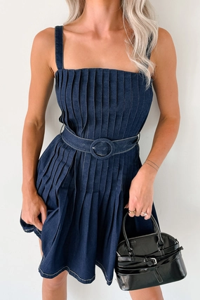 Hustle In Heels Pleated Sleeveless Mini Dress (Denim) Wide Leg Silhouette