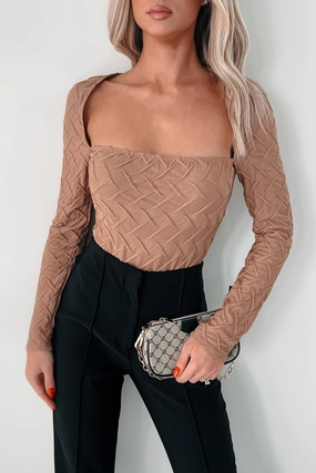 Athletic Comfort Better Be Nice Textured Long Sleeve Bodysuit (Khaki)