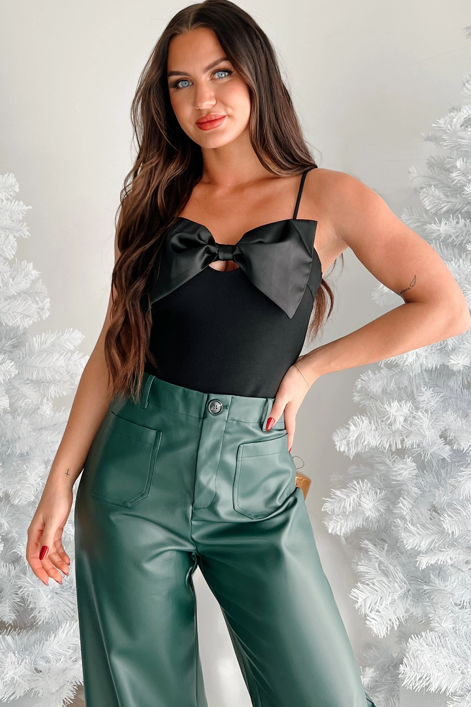 Bonded Pockets The World Awaits Bow Detail Bodysuit (Black)