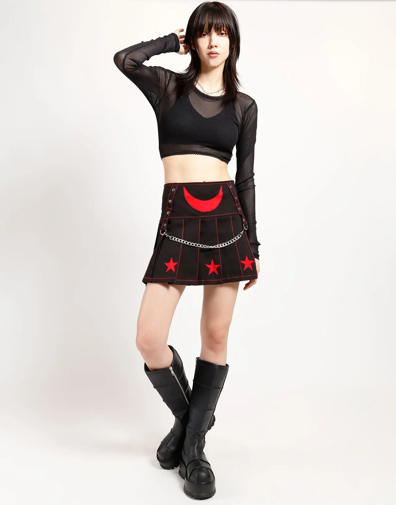 I AM A STAR PLEATED SKIRT RED Mesh Panel