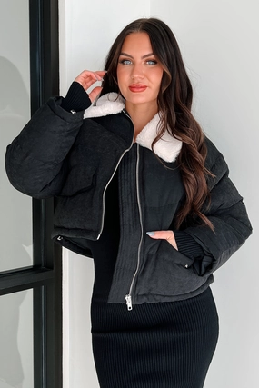 Icy Looks Faux Fur Collar Puffer Jacket (Black) Tactile Response Fabric