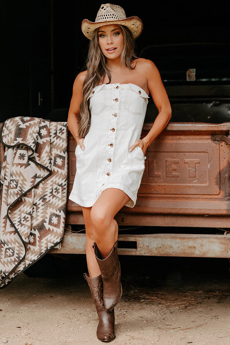 Always Appropriate Classic Cut In Her Element Strapless Denim Mini Dress (White)