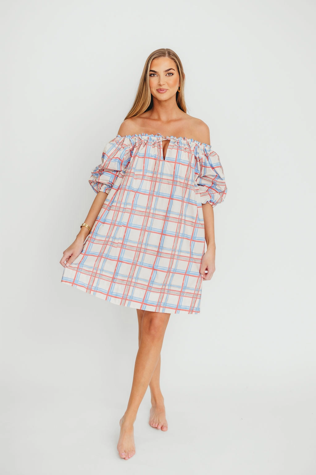 Street Mood Inaya 100% Cotton Puff Sleeve Babydoll Mini Dress in Blue Multi *Final-Sale*