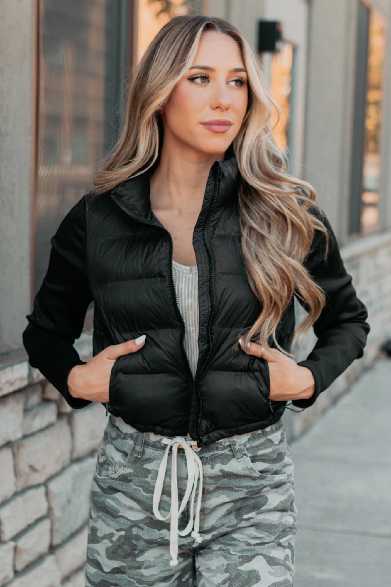 Frost Bound Scuba Sleeve Puffer Jacket (Black) Cozy Comfort Stretch Weave Fabric