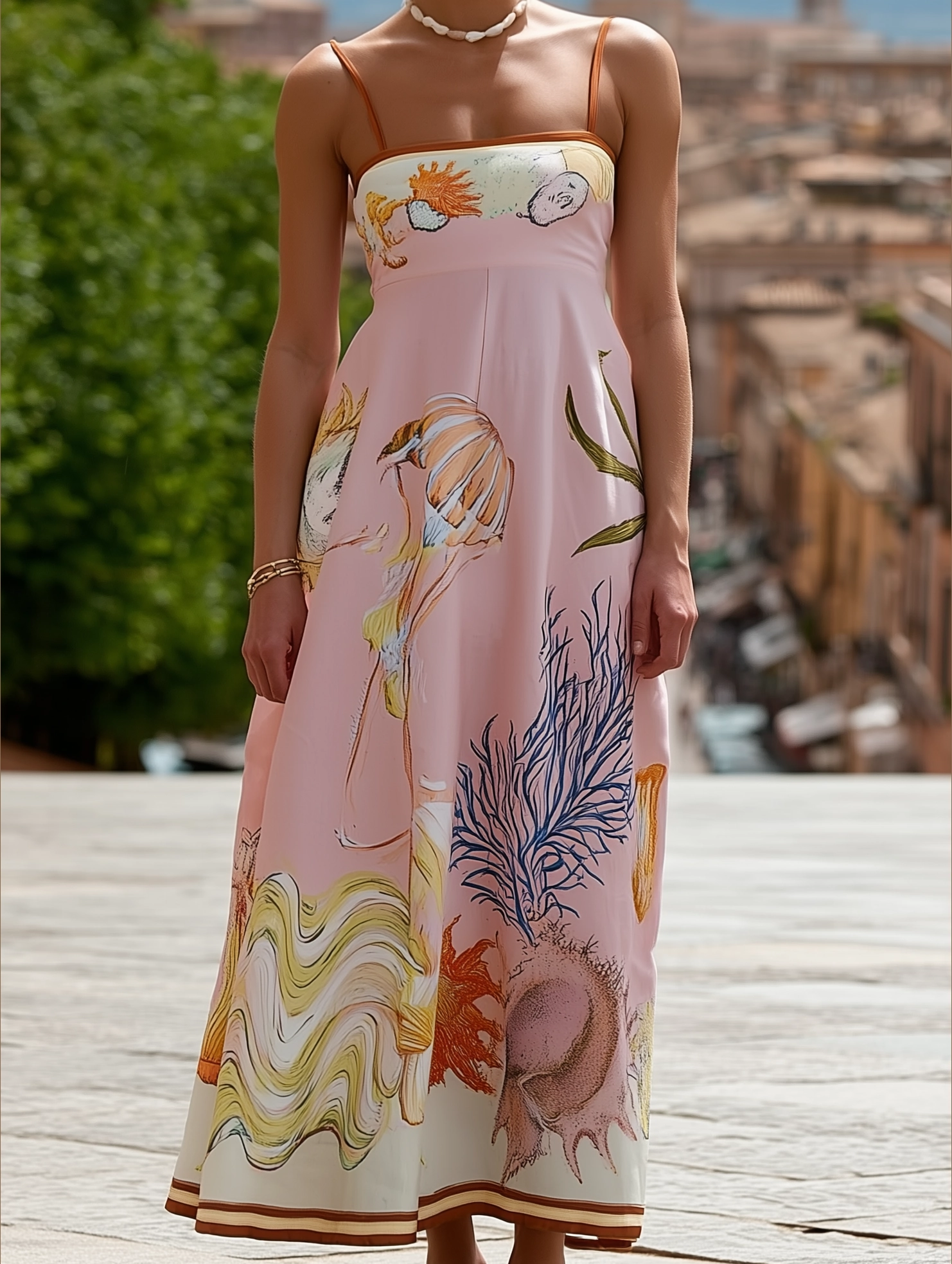 Tailored Style Vilamoura Marine Print Strappy Swing Sundress in Pink ??Summer Flowy Sleeveless Dress