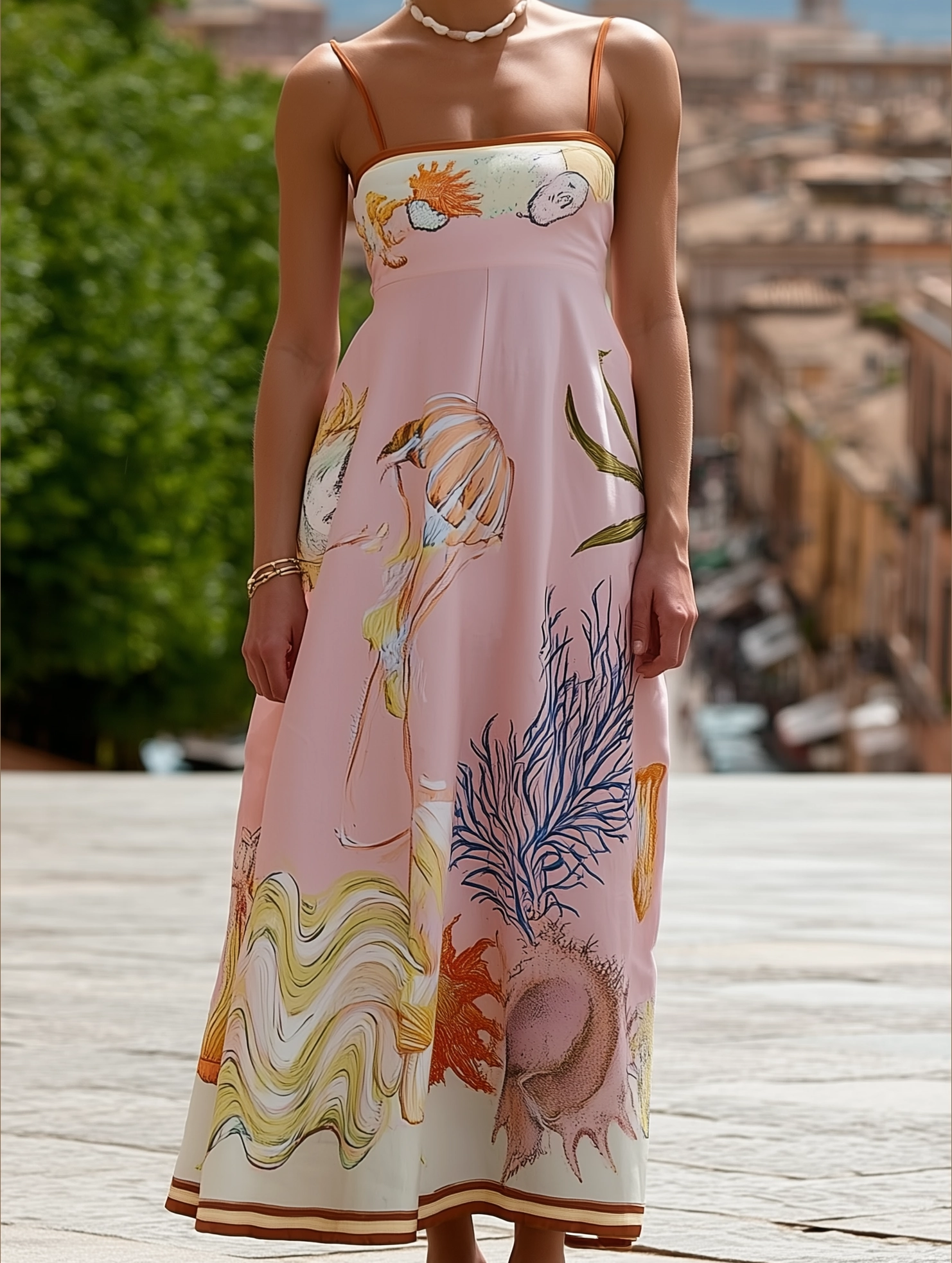 Vilamoura Marine Print Strappy Swing Sundress in Pink ??Summer Flowy Sleeveless Dress Vibrant Layer Family Joy