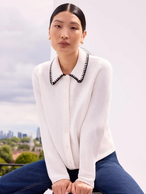 Ivory Contrast-Stitch Collared Cardigan with Wool AntiPilling Surface