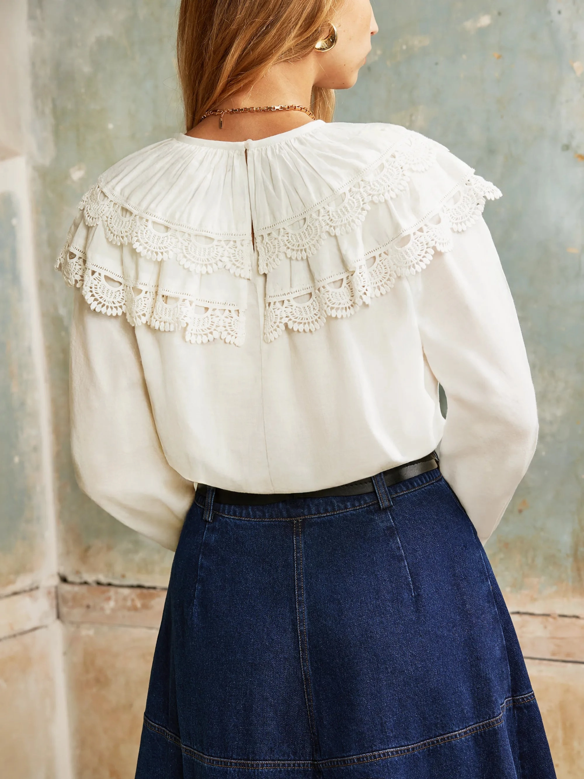 UVProtectionCoating Ivory Crochet Double Frill Blouse