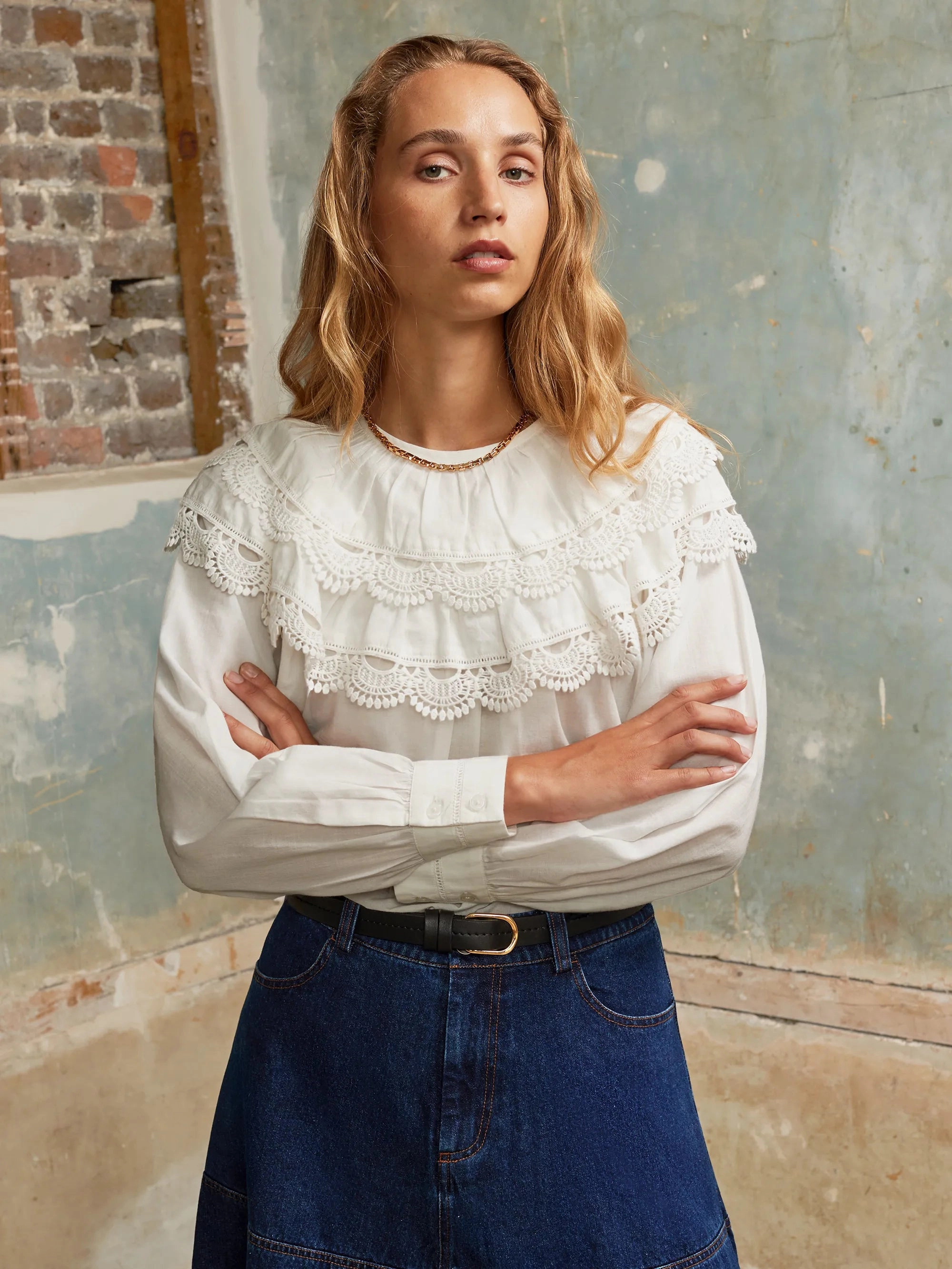 Ivory Crochet Double Frill Blouse BoxySilhouette