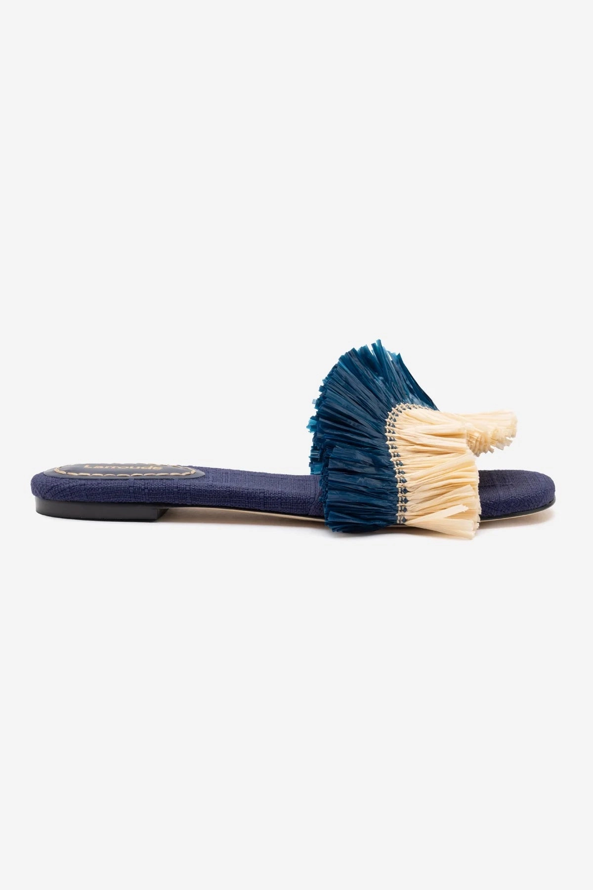 Ivy Fringe Flat In Navy Raffia Easy Clean Shiny Gem
